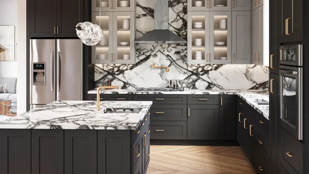 CNC Cabinetry — Woodbourne black and stone kitchen