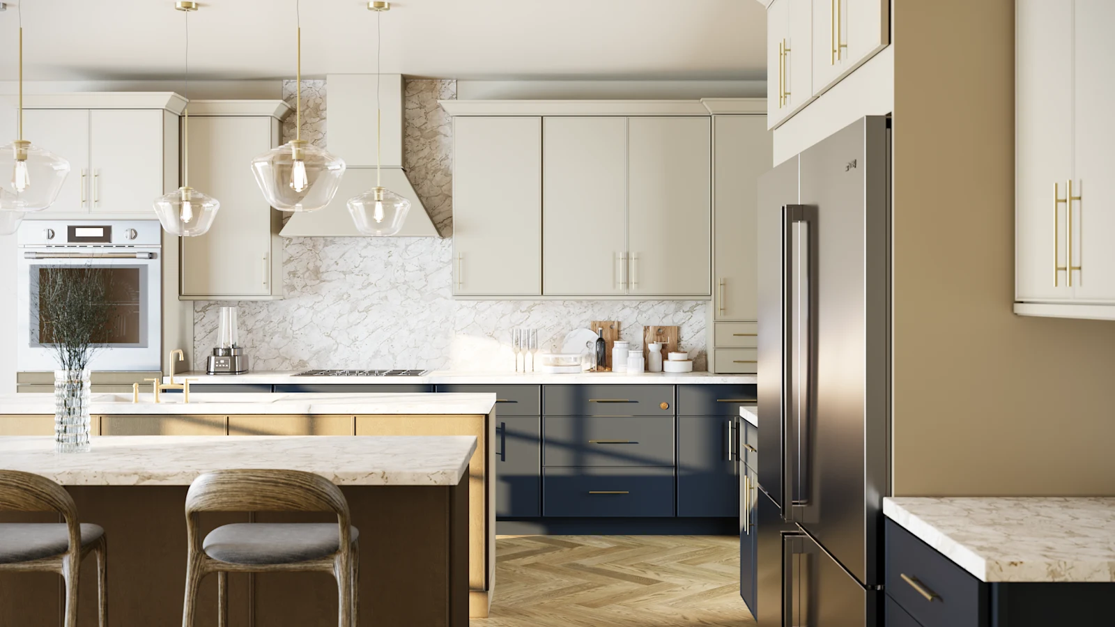 Fabuwood Allure cabinetry — cream kitchen with indigo island