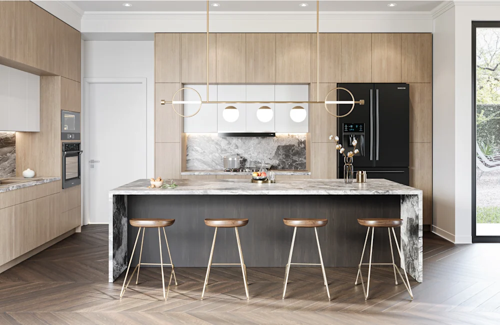 Fabuwood cabinetry — light wood kitchen with grey island