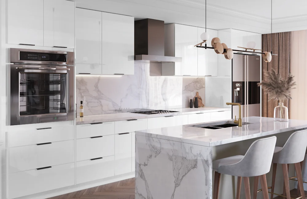 Fabuwood cabinetry — white kitchen with marble waterfall island
