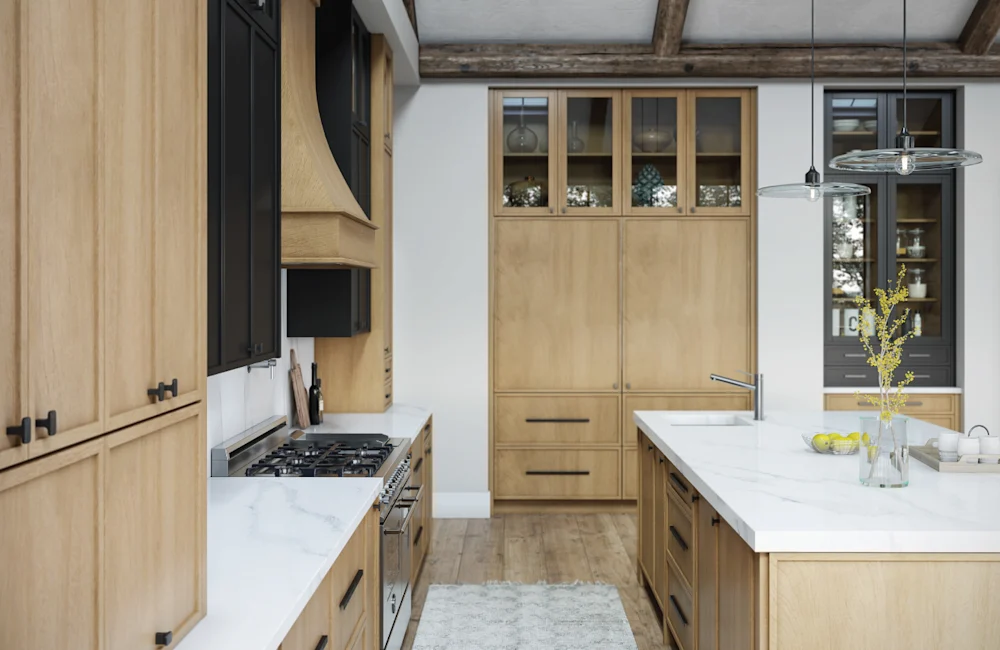 Fabuwood cabinetry — natural oak kitchen with black accents