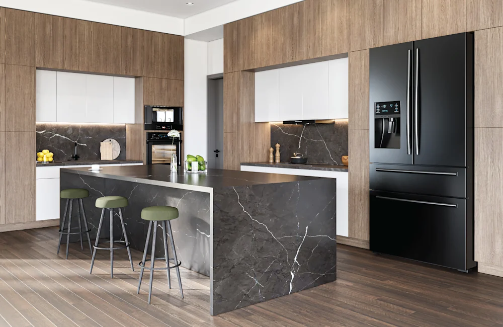 Fabuwood cabinetry — dark woodgrain kitchen with stone island