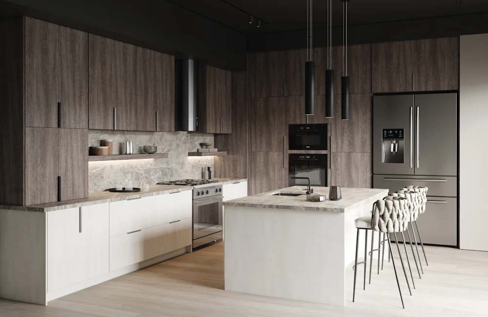 Fabuwood cabinetry — modern greige kitchen with white island