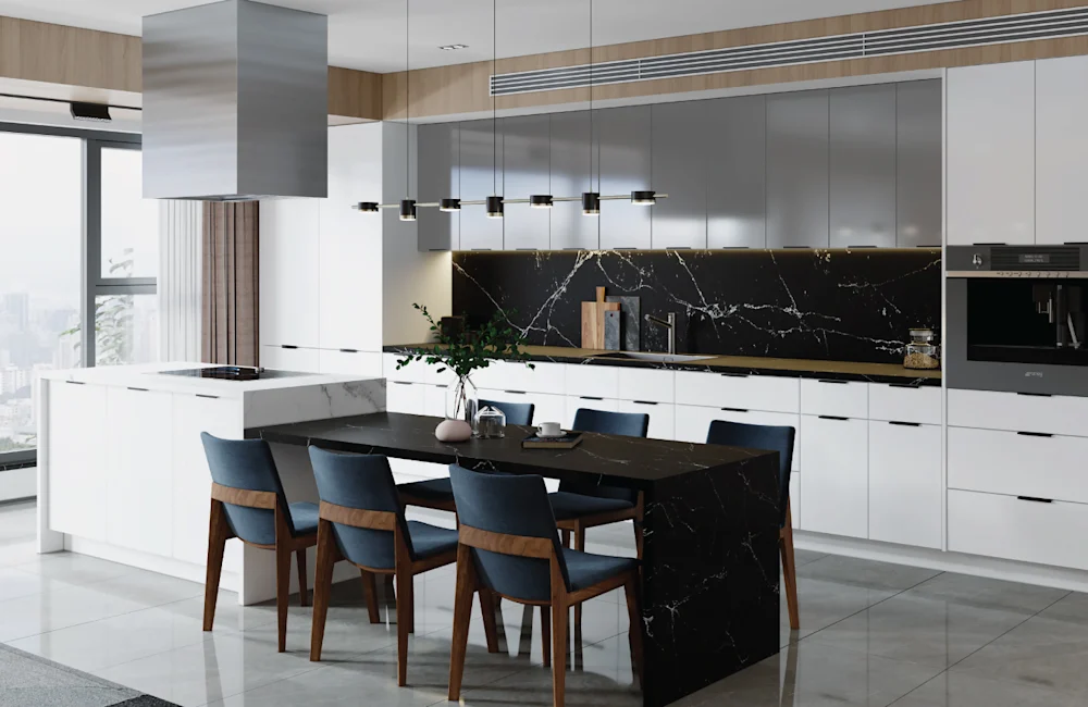 Fabuwood cabinetry — white kitchen with dramatic marble backsplash