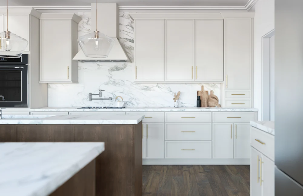 Fabuwood cabinetry — white shaker kitchen with wood island
