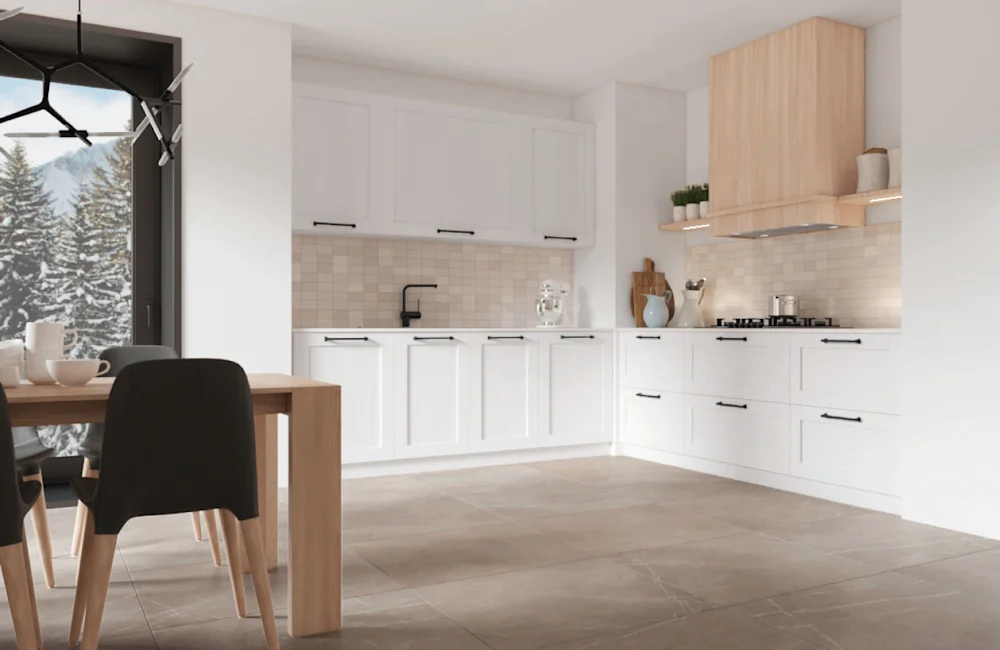 Fabuwood cabinetry — white and wood Scandinavian kitchen
