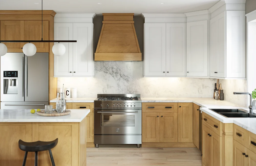 Fabuwood cabinetry — white uppers with natural oak base and hood