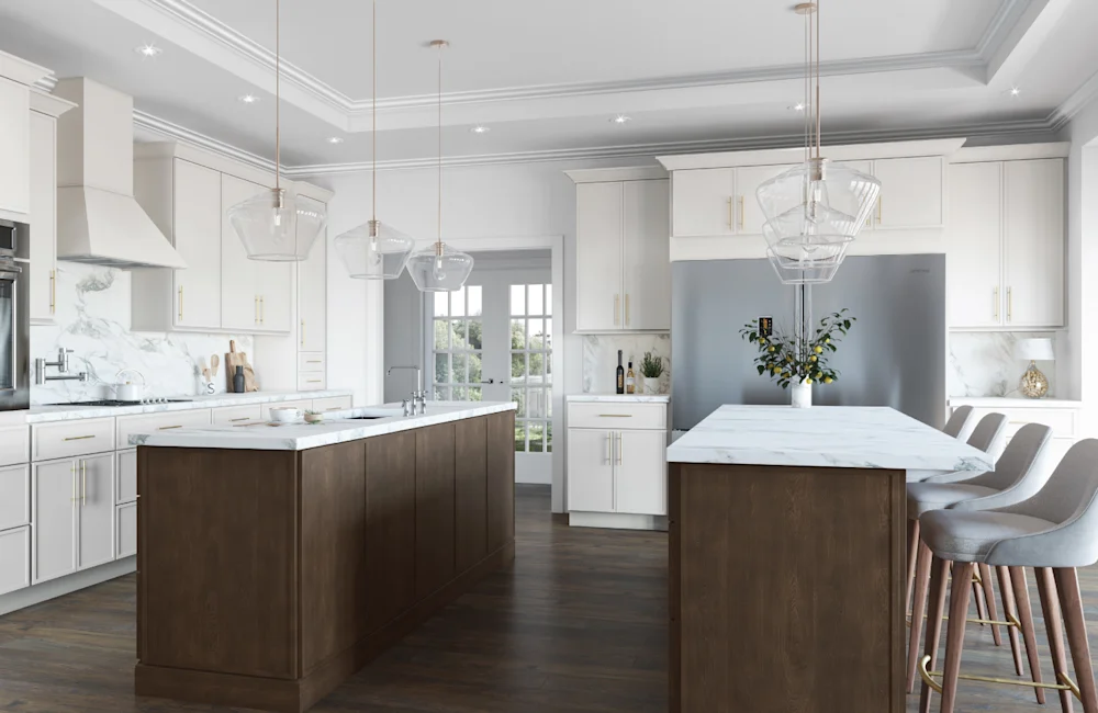 Fabuwood cabinetry — white kitchen with walnut double islands