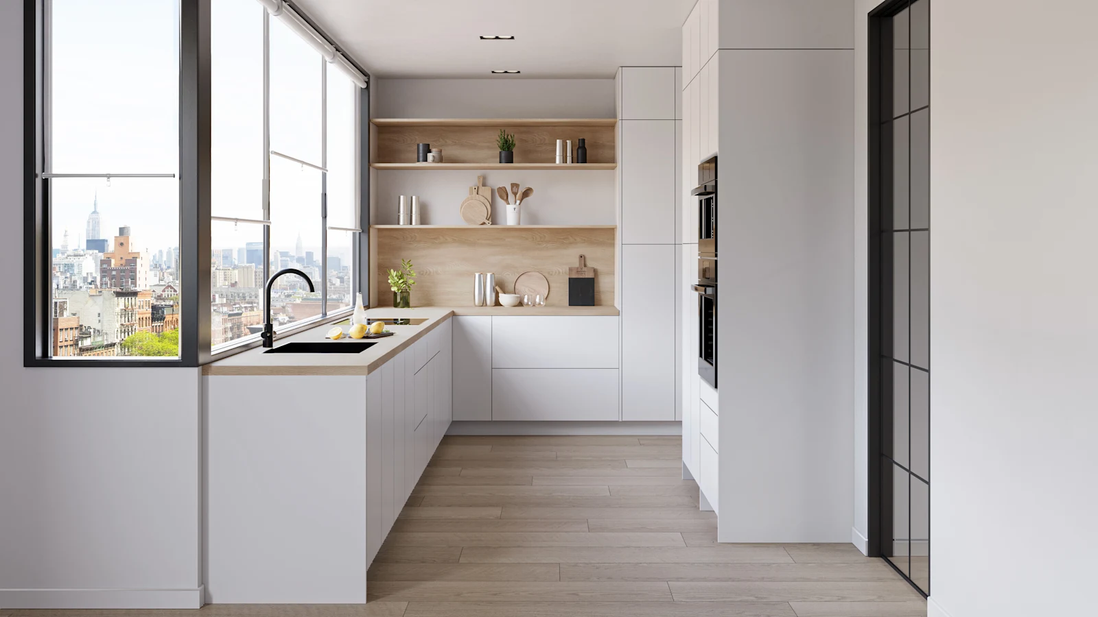 Fabuwood Illume cabinetry in Bianco Matte — minimal white kitchen