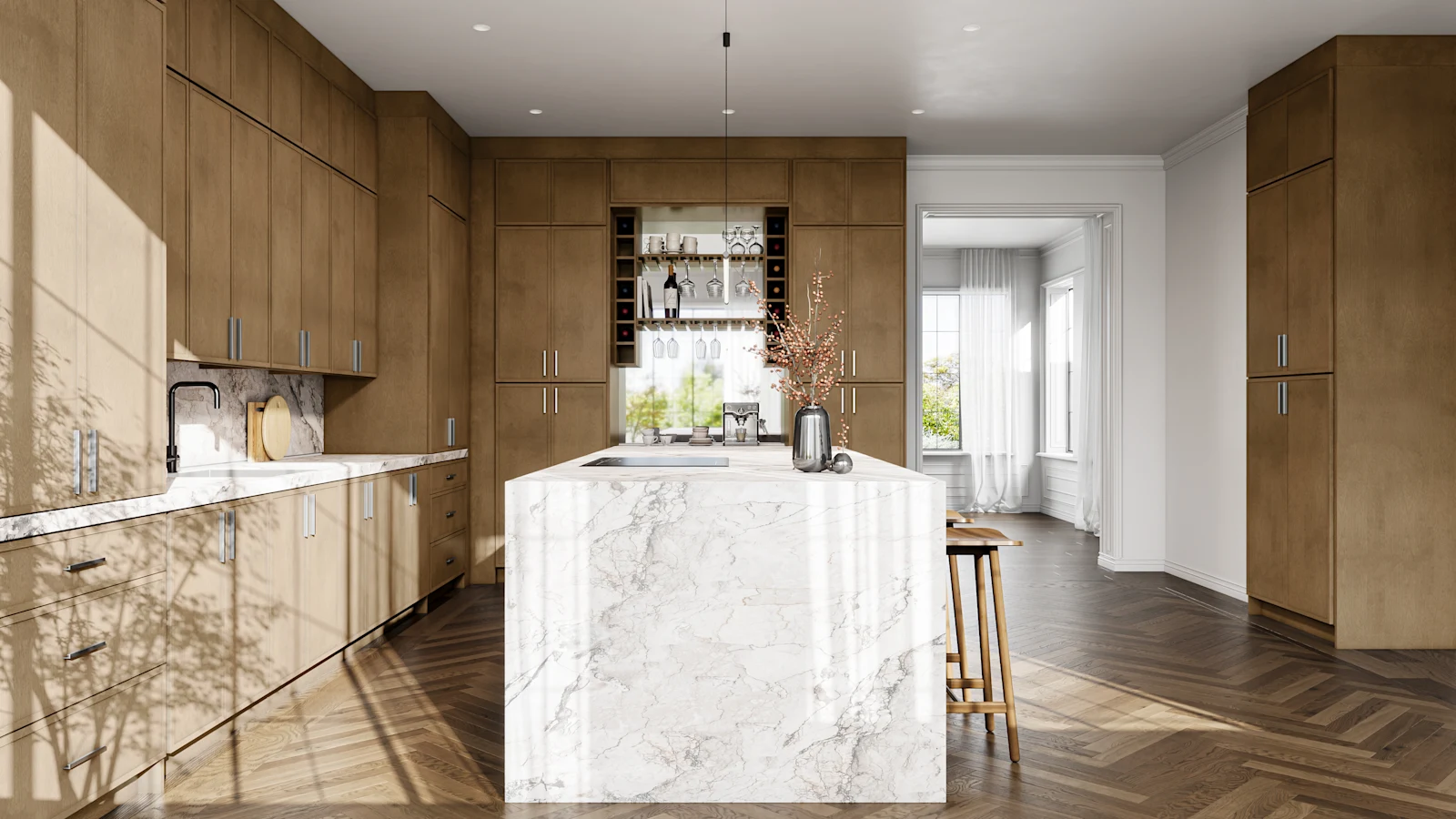 Fabuwood Luna walnut cabinetry with marble waterfall island
