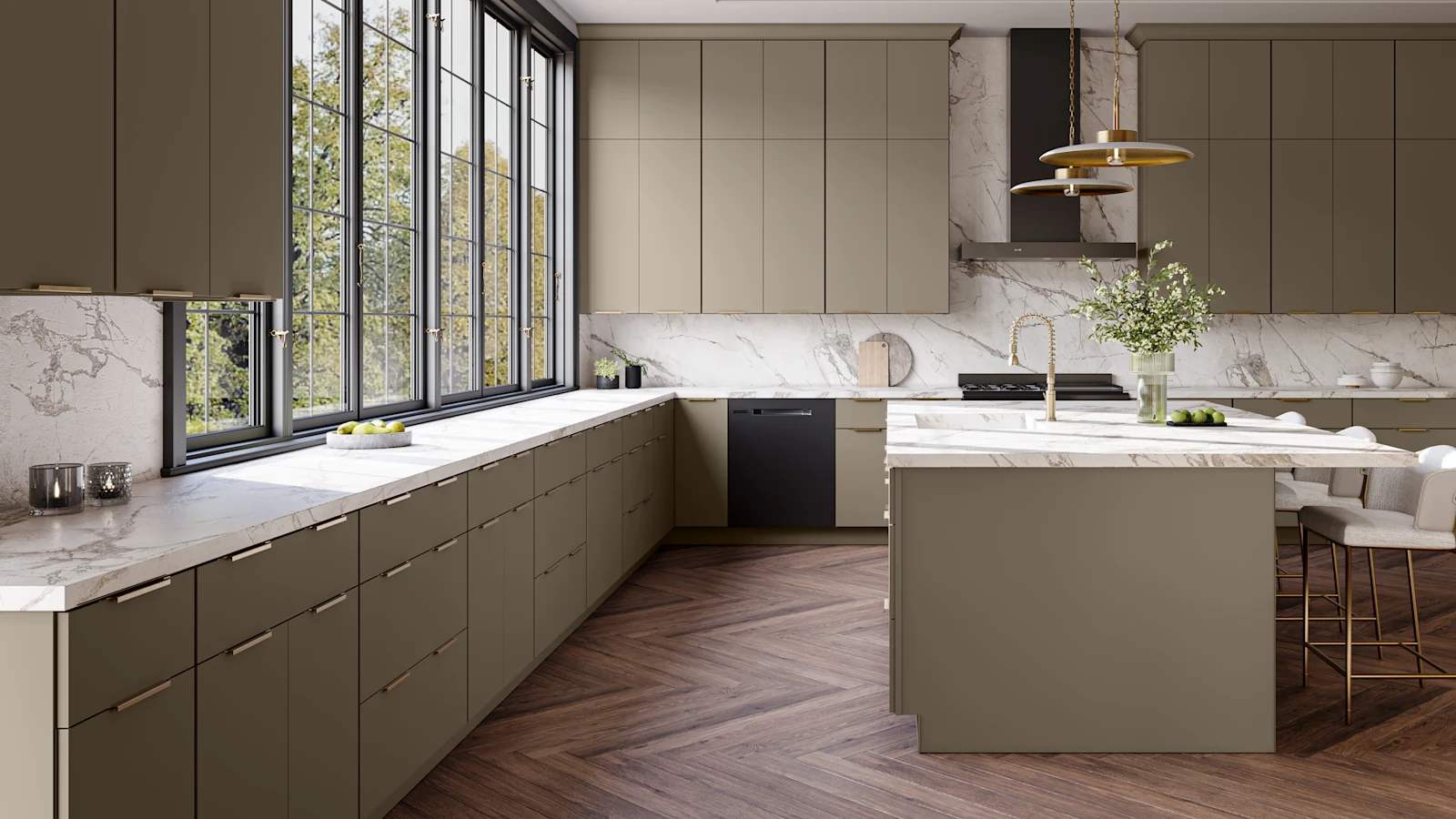 Fabuwood Luxe cabinetry in Oyster — modern greige kitchen