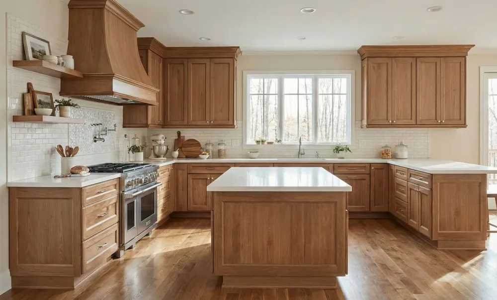 Integrity Cabinets — natural oak shaker kitchen with white island