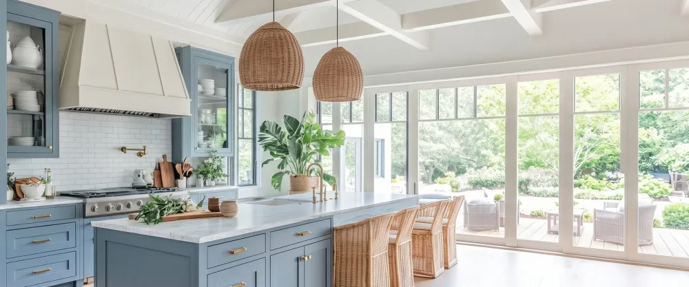 Integrity Cabinets — blue island with white perimeter and beams