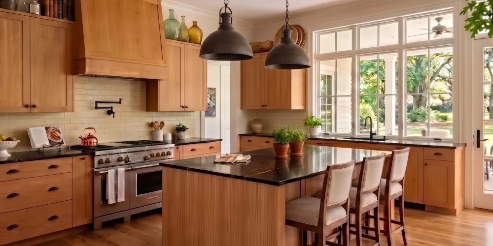 Integrity Cabinets — warm wood kitchen with black island