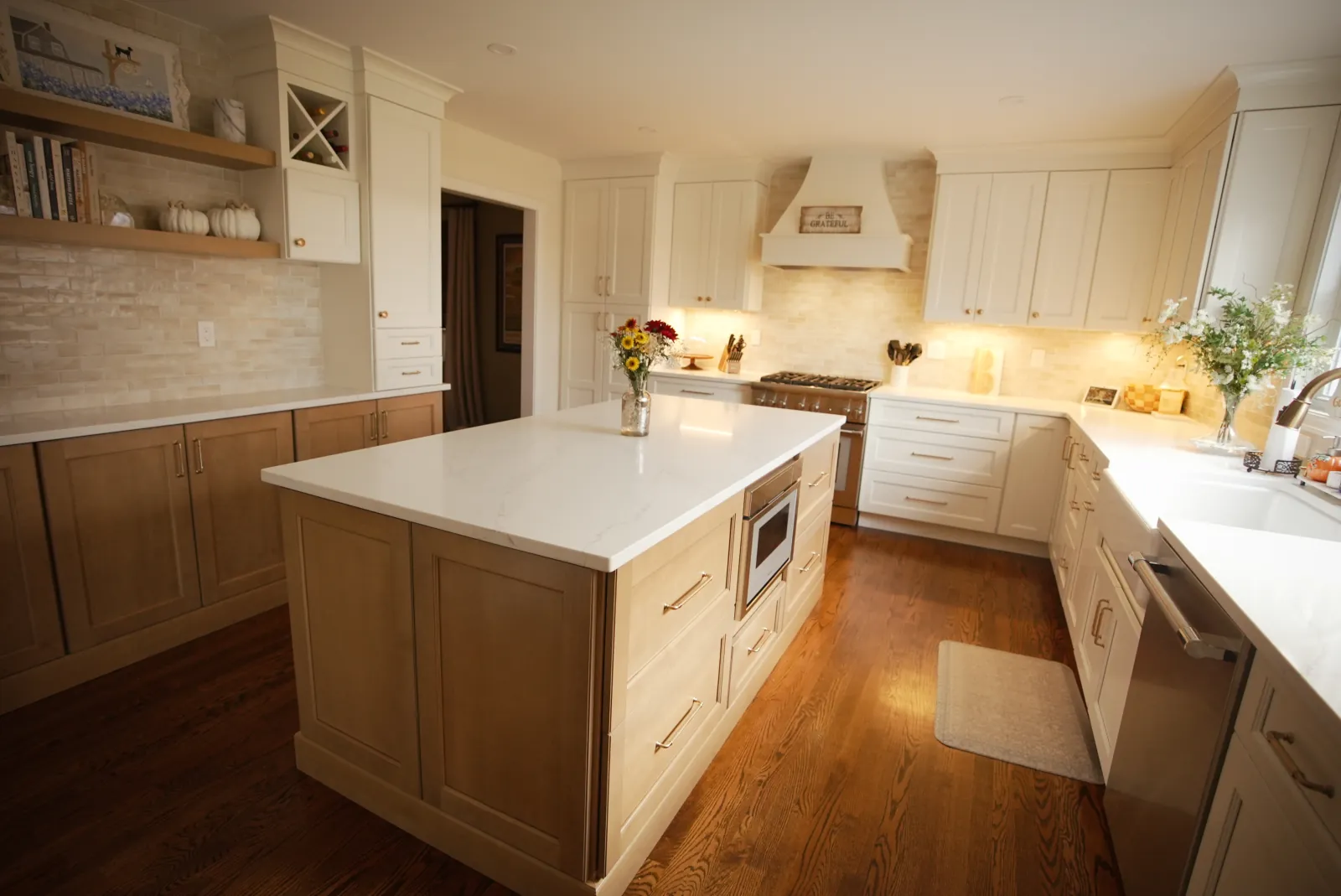 Warm cream and wood kitchen with island